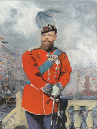 художник В.А.Серов портрет Император Александр III в мундире Королевской лейб-гвардии на фоне моря в Копенгагенской гавани. Бумага, акварель, гуашь. 1899