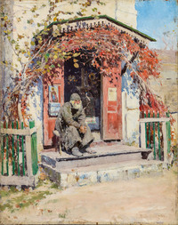 художник Виноградов С.А. (1870 - 1939). картина Странник с посохом у церкви
